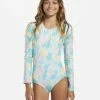 Promo 🔔 Billabong Girl's 4-16 Mermaid Feels UPF 50 Long Sleeve One-Piece 🩱 Swimsuit LIGHT LAGOON ❤️