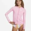 Hot Sale 🥰 Billabong Girl's 4-16 Core Surf Daze UPF 50 Long Sleeve Zip-Up Rashguard PINK DAZE 🔔