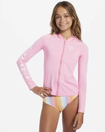 Hot Sale 🥰 Billabong Girl's 4-16 Core Surf Daze UPF 50 Long Sleeve Zip-Up Rashguard PINK DAZE 🔔